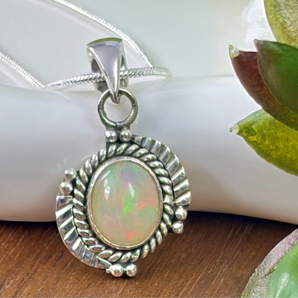 Ethiopian Opal Gemstone Pendant Pure Sterling Silver 925 Boho Southwest New